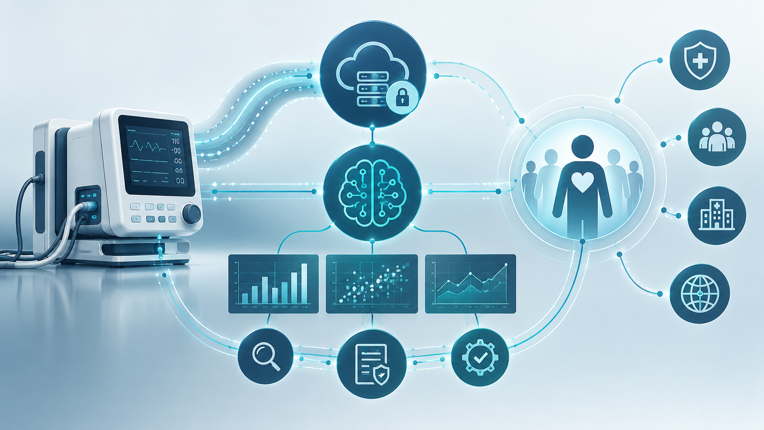 Conceptual illustration connecting medical-device data, AI analysis and patient-centred safety monitoring