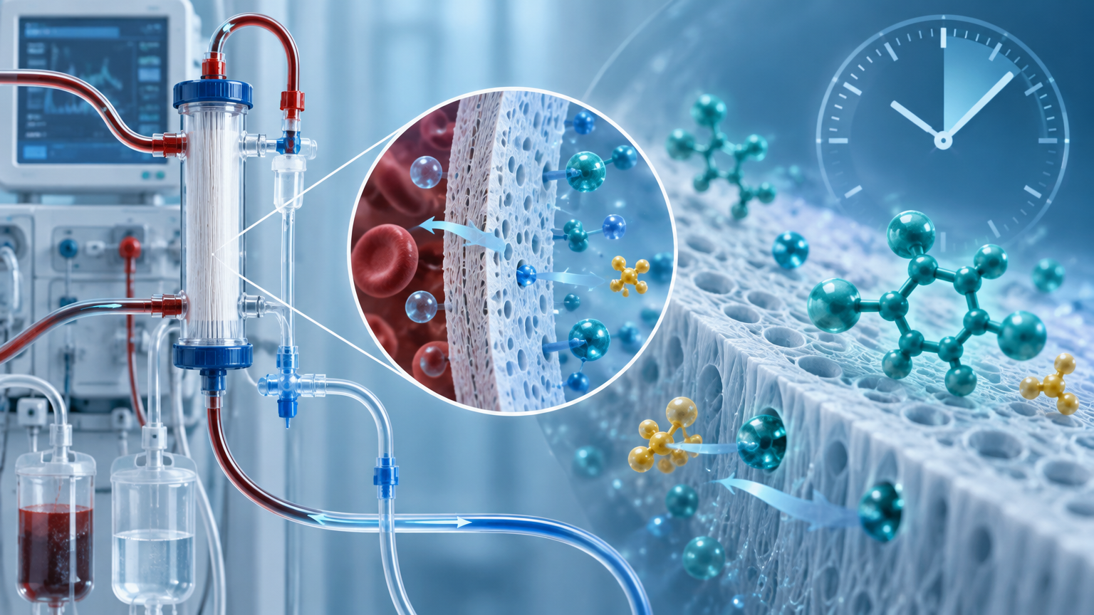 Conceptual illustration of antifungal molecules binding to a CRRT filter membrane, with a medication timing motif.
