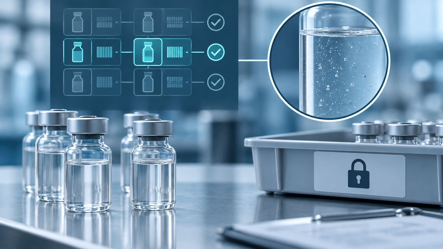Conceptual illustration of infusion vials, a quarantine tray and particulate inspection