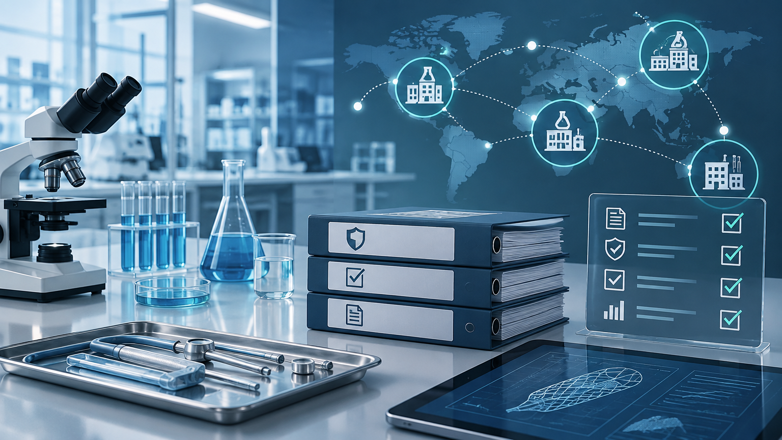 Conceptual laboratory illustration representing GLP compliance records and a network of test facilities