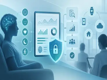 Conceptual illustration linking digital mental health outcomes with clinical evidence, secure data management and monitoring