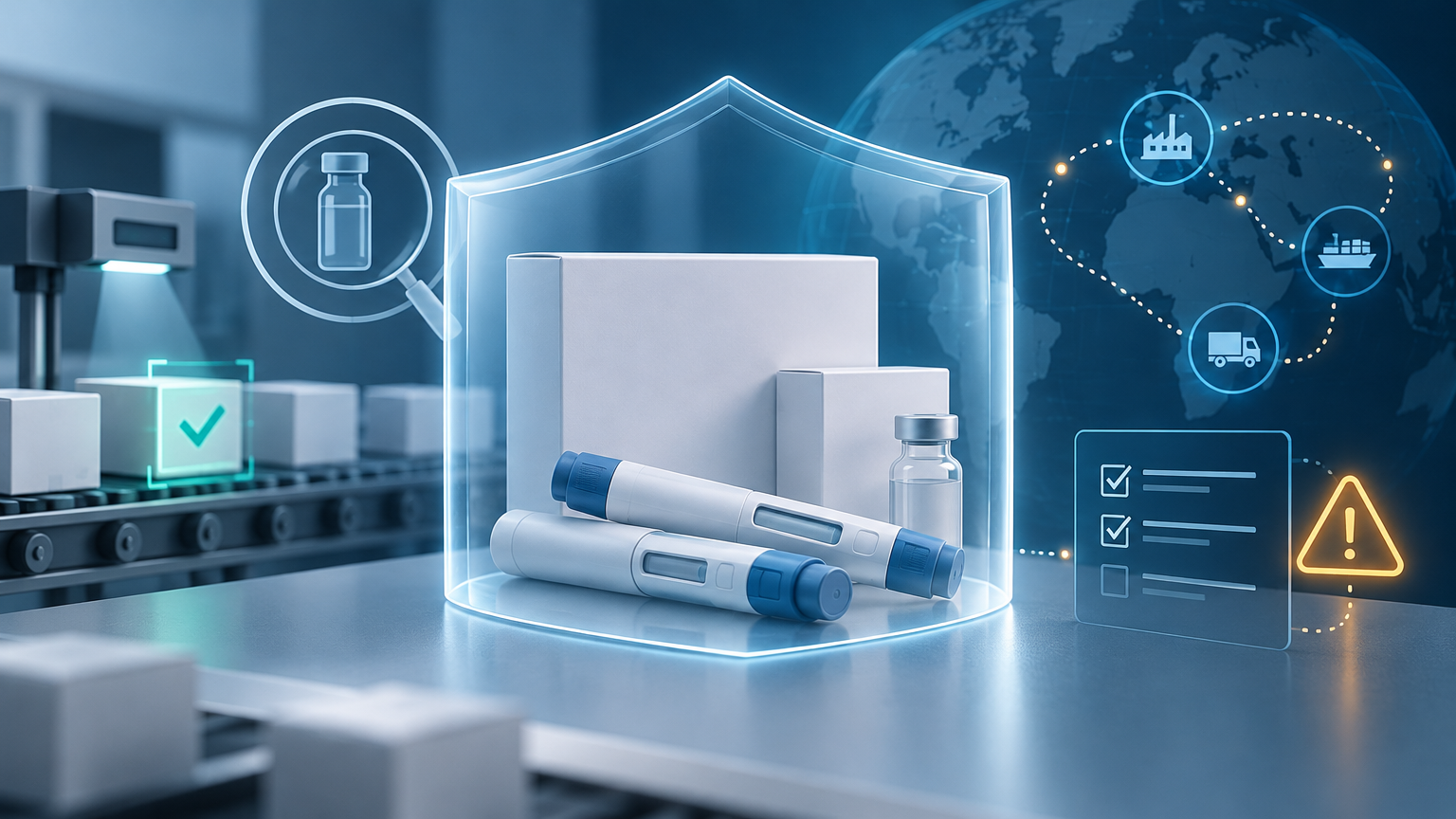 Conceptual illustration of injection pens with protective shielding representing counterfeit-product detection and supply-chain safety
