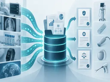 Conceptual illustration of healthcare data converging into a medical-device regulatory evidence and guidance hub