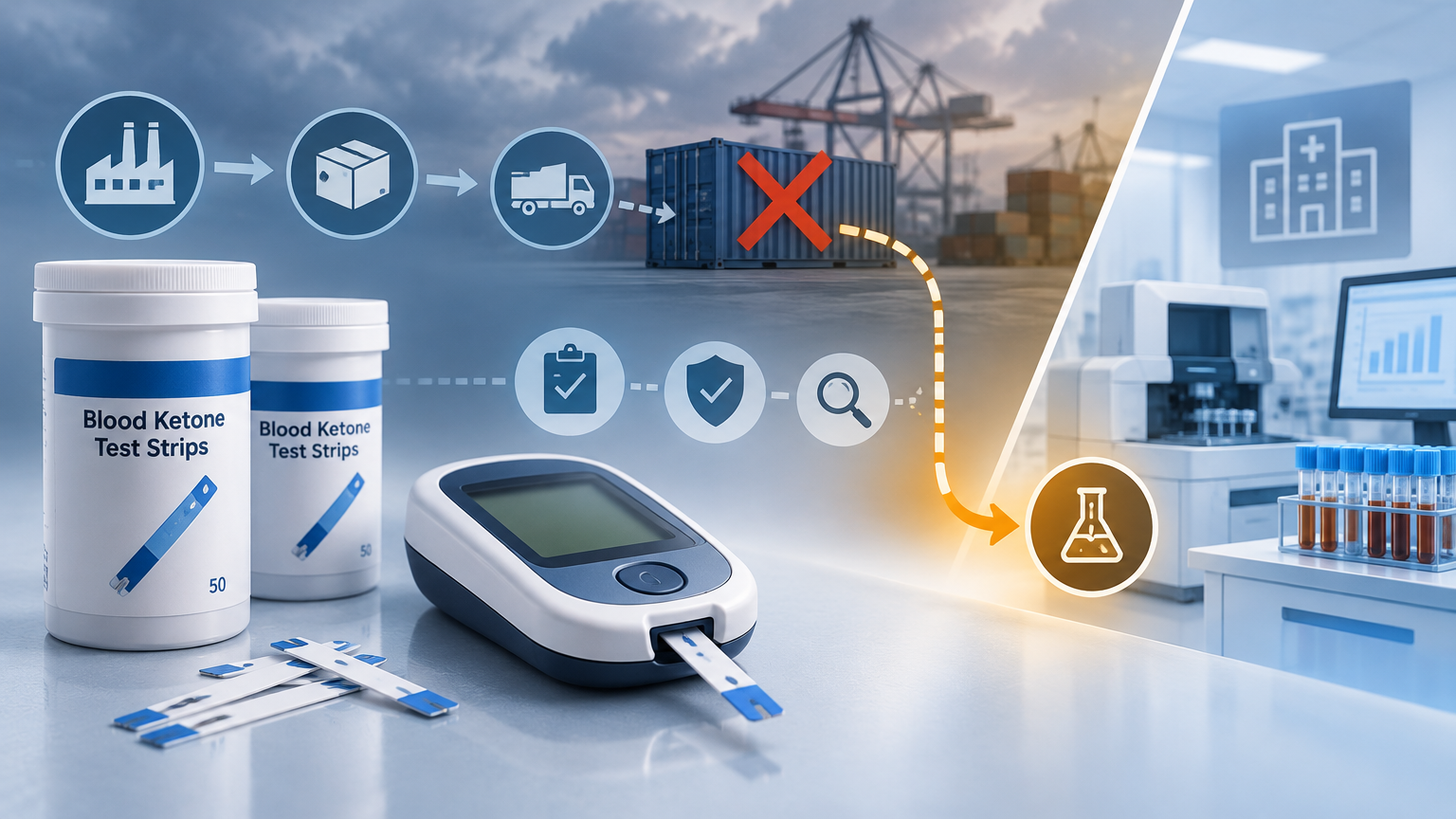 Conceptual illustration of ketone test strips, a point-of-care device and an interrupted supply pathway