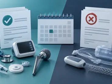 Conceptual regulatory illustration of medical devices and authorisation records arranged in two status groups.