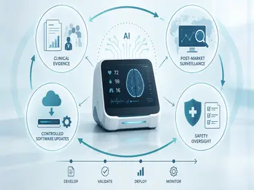 Conceptual illustration of lifecycle monitoring and regulatory oversight for AI-enabled medical devices