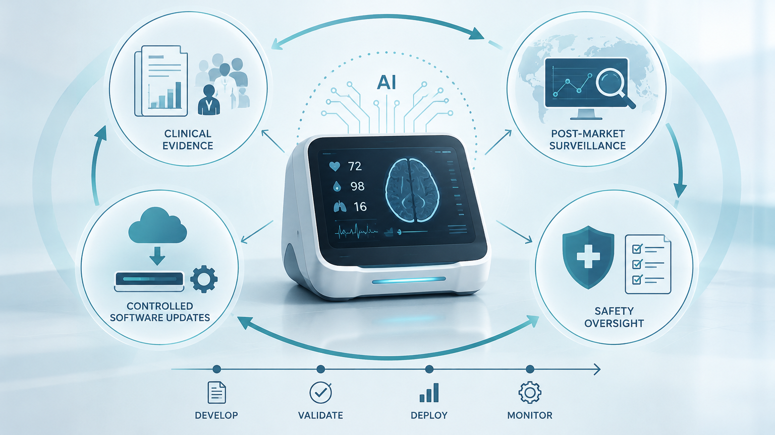 Conceptual illustration of lifecycle monitoring and regulatory oversight for AI-enabled medical devices