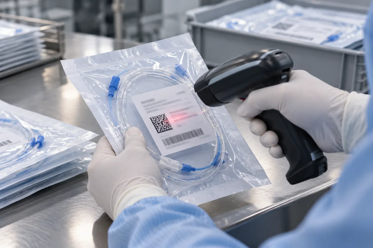 Steril tıbbi cihaz ambalajındaki UDI DataMatrix barkodunun el tarayıcısıyla okunması
