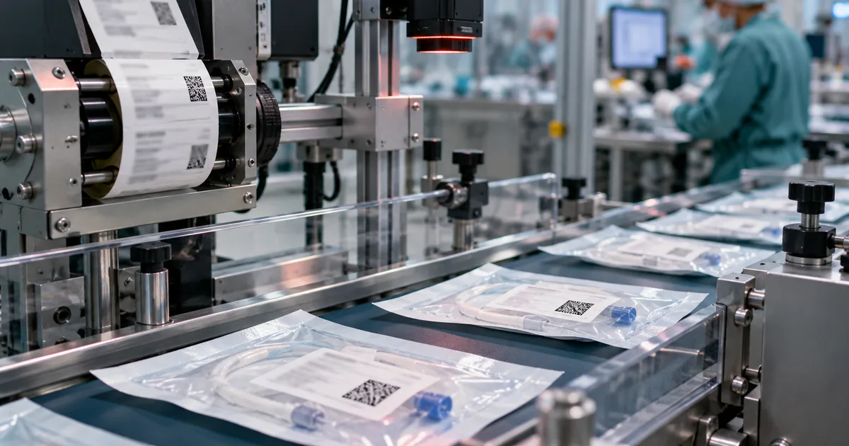 Sterile medical device pouches with DataMatrix barcodes on a clean-room conveyor under a label printer and vision camera